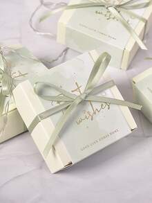 10pcs Metallic Slogan Graphic Gift Box, Bow Decor Romantic Green Paper Gift Wrapping Box For Party - Green - View 5