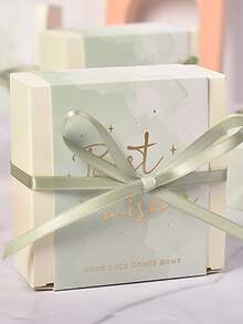 10pcs Metallic Slogan Graphic Gift Box, Bow Decor Romantic Green Paper Gift Wrapping Box For Party - Green - View 6