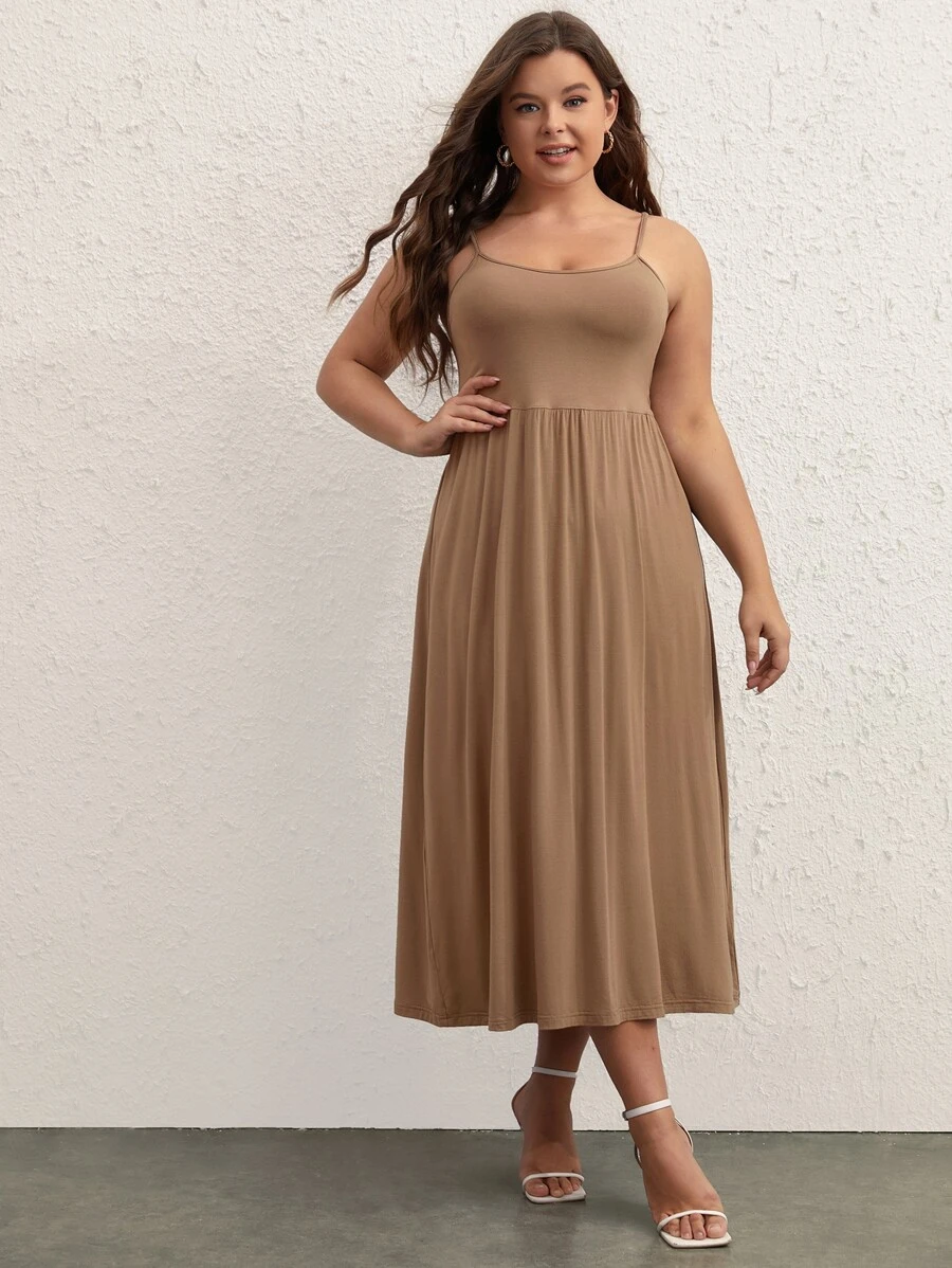 SHEIN BASICS Plus Solid Cami Dress - Mocha Brown - View 1
