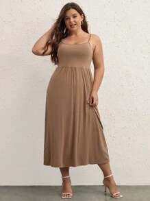 SHEIN BASICS Plus Solid Cami Dress - Mocha Brown - View 4