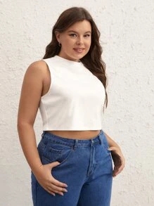 SHEIN BASICS Plus Solid Crop Tank Top - White - View 4