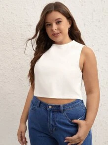 SHEIN BASICS Plus Solid Crop Tank Top - White - View 5