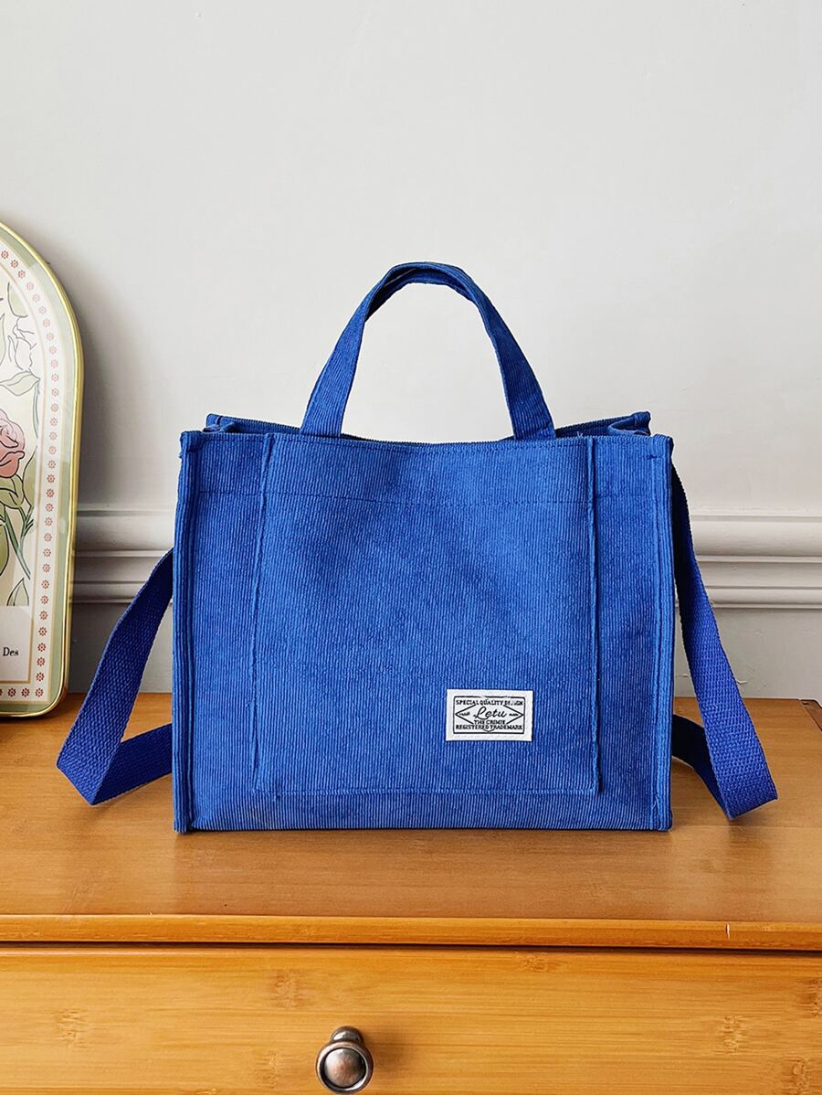 Letter Patch Decor Top Handle Bag School Bag For Graduate , Teen Girls , Freshman , Sophomore , Junior & Senior In College , University & High School , Perfect For Outdoors , Travel & Back To School - Biru - View 1