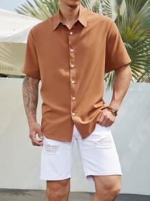 Manfinity Homme Men Plus Solid Button Up Shirt - Brown - View 1