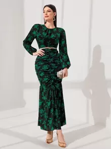 Modelyn 印花褶邊魚尾裙下擺連衣裙不附腰帶 - 黑色 - 查看 1