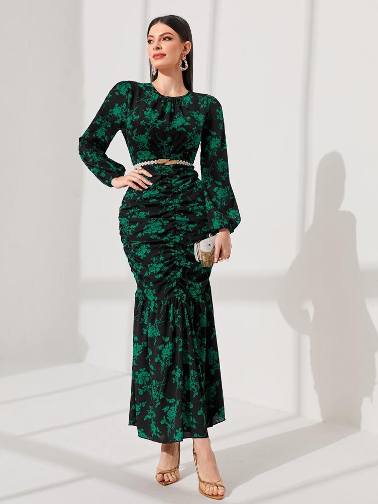 Modelyn Vestido con estampado floral fruncido bajo sirena sin cinturón - Negro - Ver 1