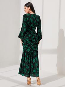 Modelyn 印花褶邊魚尾裙下擺連衣裙不附腰帶 - 黑色 - 查看 2