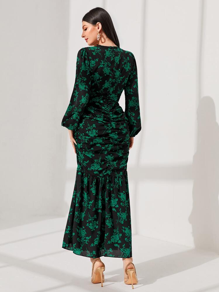 Modelyn Vestido con estampado floral fruncido bajo sirena sin cinturón - Negro - Ver 2
