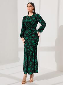 Modelyn 印花褶邊魚尾裙下擺連衣裙不附腰帶 - 黑色 - 查看 3