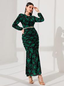 Modelyn 印花褶邊魚尾裙下擺連衣裙不附腰帶 - 黑色 - 查看 4