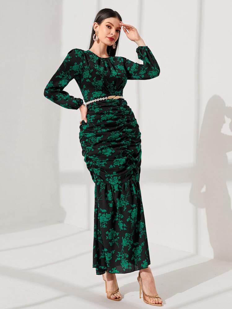 Modelyn Vestido con estampado floral fruncido bajo sirena sin cinturón - Negro - Ver 4