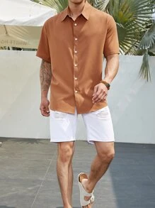 Manfinity Homme Men Plus Solid Button Up Shirt - Brown - View 6