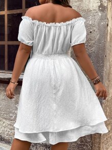 SHEIN Clasi Đầm Plus Size viền lá sen phân lớp Dải chun màu trơn Giải trí - trắng - Xem 4