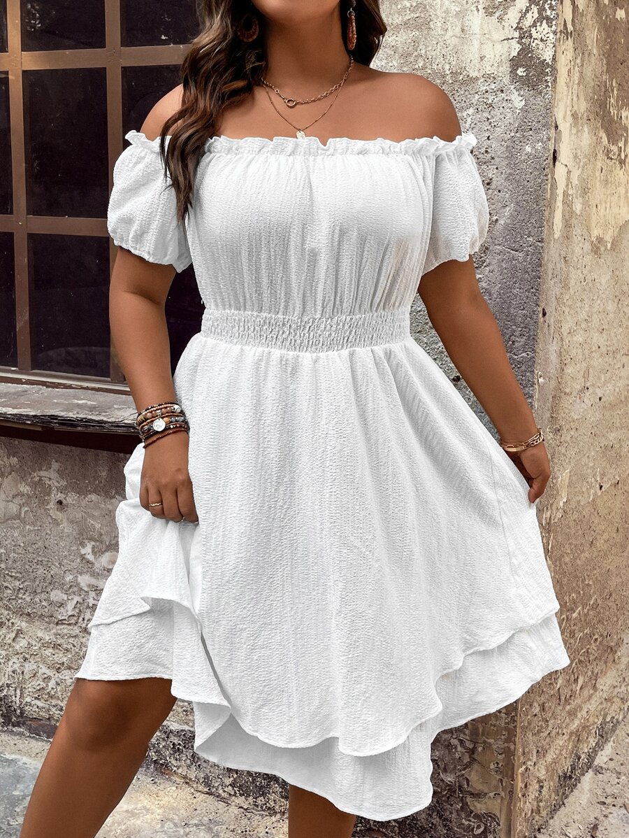 SHEIN Clasi Đầm Plus Size viền lá sen phân lớp Dải chun màu trơn Giải trí - trắng - Xem 1