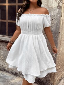 SHEIN Clasi Đầm Plus Size viền lá sen phân lớp Dải chun màu trơn Giải trí - trắng - Xem 5