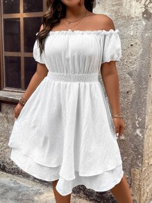 SHEIN Clasi Đầm Plus Size viền lá sen phân lớp Dải chun màu trơn Giải trí - trắng - Xem 6