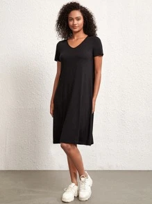 SHEIN BASICS Solid V Neck Tee Dress - Black - View 1