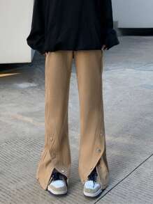 Pantalones acampanados unicolor con diseño de botón - Caqui - Ver 1