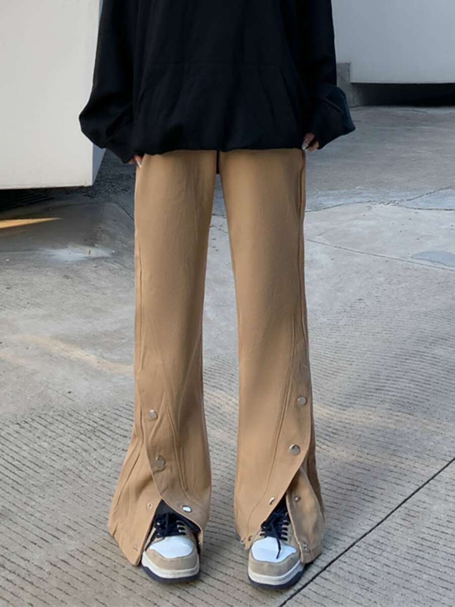 Pantalones acampanados unicolor con diseño de botón - Caqui - Ver 1