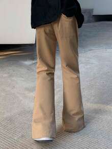 Pantalones acampanados unicolor con diseño de botón - Caqui - Ver 2