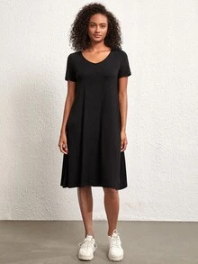 SHEIN BASICS Solid V Neck Tee Dress - Black - View 4