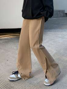 Pantalones acampanados unicolor con diseño de botón - Caqui - Ver 3