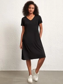 SHEIN BASICS Solid V Neck Tee Dress - Black - View 5