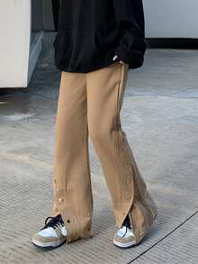 Pantalones acampanados unicolor con diseño de botón - Caqui - Ver 5