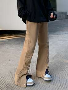 Pantalones acampanados unicolor con diseño de botón - Caqui - Ver 6