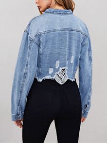 Women's Casual Jacket With Faux Pearl Decor And Frayed Hem, Suitable For Spring And Autumn - Light Wash - View 2