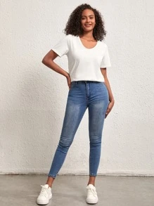 SHEIN BASICS Chất rắn Scoop Cổ Ngắn tay Áo thun Cho mùa hè - trắng - Xem 3