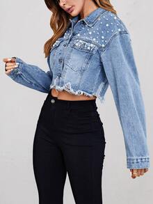 Women's Casual Jacket With Faux Pearl Decor And Frayed Hem, Suitable For Spring And Autumn - Light Wash - View 4