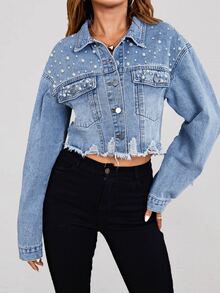 Women's Casual Jacket With Faux Pearl Decor And Frayed Hem, Suitable For Spring And Autumn - Light Wash - View 5