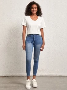 SHEIN BASICS Chất rắn Scoop Cổ Ngắn tay Áo thun Cho mùa hè - trắng - Xem 4