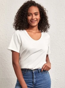 SHEIN BASICS Chất rắn Scoop Cổ Ngắn tay Áo thun Cho mùa hè - trắng - Xem 5