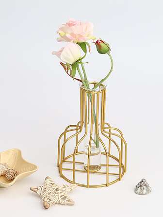 1 pieza Jarrón con marco de hierro y tubo, jarrón nórdico para decoración del hogar, decoración del hogar, jarrón de flores, centro de mesa, decoración de mesa, regalos, decoración de habitación, jarrón de vidrio