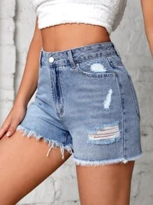 SHEIN Essnce Ripped Raw Hem Denim Shorts - Light Wash - View 1