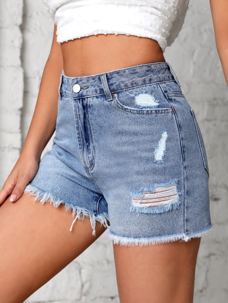 SHEIN Essnce Ripped Raw Hem Denim Shorts - Light Wash - View 1