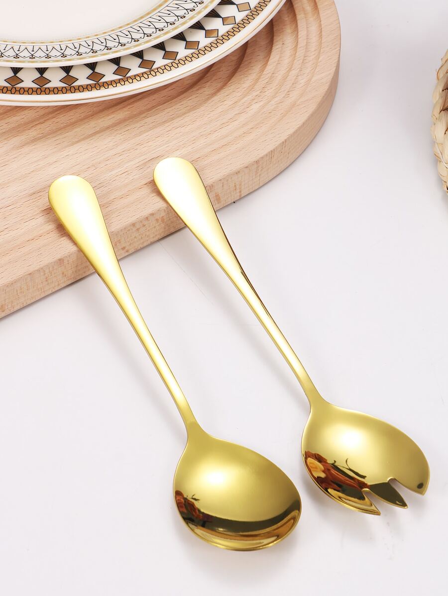 1pc Gold Spoon And 1pc Fork, Stainless Steel Flatware Set For Salad,Kitchen,Christmas Gift,School Supplies - Gold - View 1
