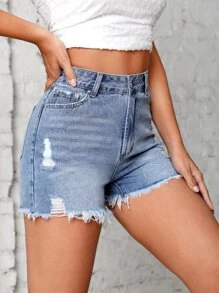 SHEIN Essnce Ripped Raw Hem Denim Shorts - Light Wash - View 4