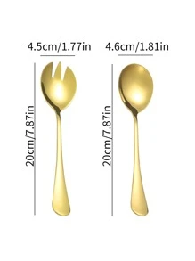 1pc Gold Spoon And 1pc Fork, Stainless Steel Flatware Set For Salad,Kitchen,Christmas Gift,School Supplies - Gold - View 2