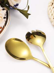 1pc Gold Spoon And 1pc Fork, Stainless Steel Flatware Set For Salad,Kitchen,Christmas Gift,School Supplies - Gold - View 5