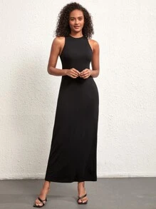 SHEIN BASICS Solid Tank Dress - Black - View 5