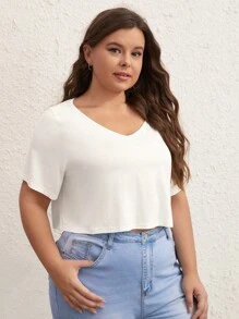 SHEIN BASICS Plus 1pc Solid V Neck Crop Tee - White - View 5