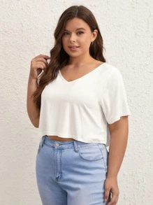 SHEIN BASICS Plus 1pc Solid V Neck Crop Tee - White - View 3