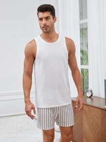 SHEIN Conjunto de pijama con camiseta de tirantes blanca y pantalón corto a rayas para hombre - Blanco - Ver 3