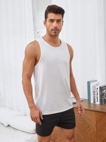 SHEIN Men Solid Tank Top & Shorts PJ Set - Black and White - View 1