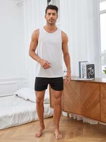 SHEIN Men Solid Tank Top & Shorts PJ Set - Black and White - View 3