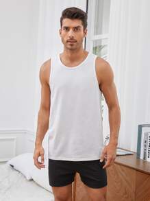SHEIN Men Solid Tank Top & Shorts PJ Set - Black and White - View 4