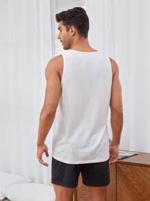 SHEIN Men Solid Tank Top & Shorts PJ Set - Black and White - View 6